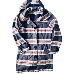 Boden Hooded Striped Jacket Blue Red White Cotton Polyester Zip Button Lined